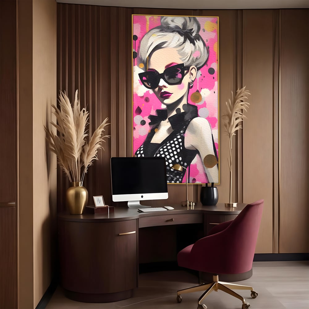 Tablou canvas cu tablou canvas cu femeie stilizata, in rama de aluminiu auriu, pe perete intr-un birou